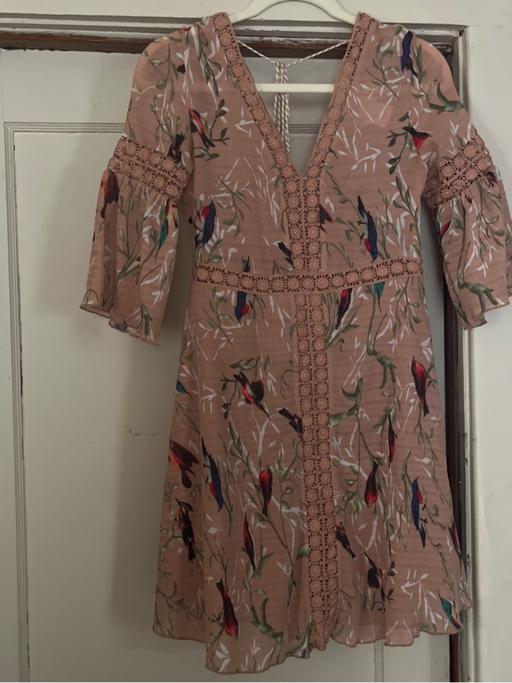 foxiedox Dusty Rose Floral & Bird Lace-Trim Mini Dress
